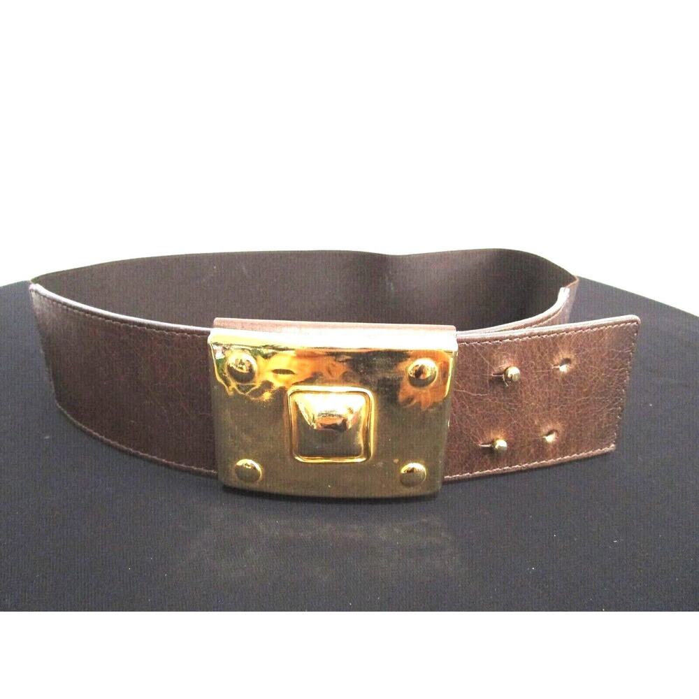 EUC! Hyde Collection Brown Leather & Elastic Gold Buckle Wide Belt Women Sz S